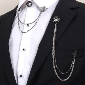 Handmade Light Black - Silver Chain Jacket Brooch, Lapel Chain Pin, Men&#39;s Women&#39;s Jewellery, Chain Brooch, Wedding Accessory, Lapel Brooch