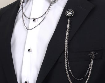Handmade Black & Silver Chain Brooch Set – Lapel Pin, Shirt Chain