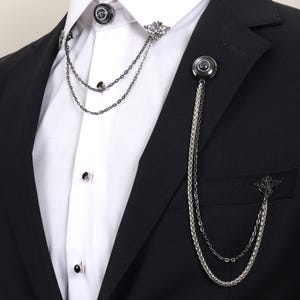 Handmade Light Black - Silver Chain Jacket Brooch, Lapel Chain Pin, Men&#39;s Women&#39;s Jewellery, Chain Brooch, Wedding Accessory, Lapel Brooch