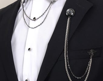 ブラックストーン＆シルバーシャツカラーチェーンブローチセット