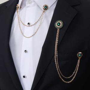 Jacket and Shirt Chain Lapel Brooch with Green Stone, Wedding Accessory, Groom and Best Man Lapel Chain, Gold Color Lapel Chains by Esgue