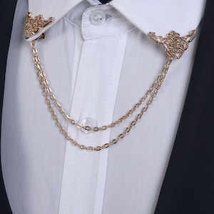 Triangle Collar Pins with Chain, Silver Gold Brooch