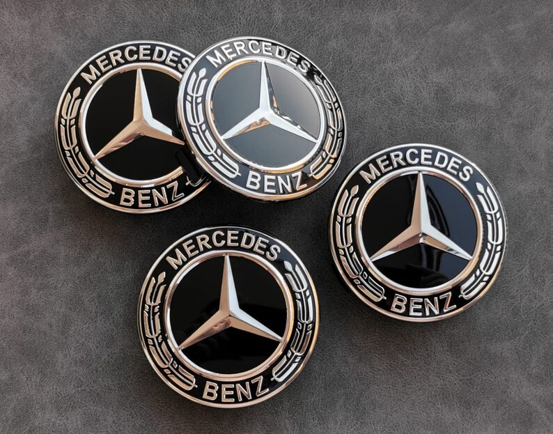 4 X Mercedes-Benz Black Wheel Center Hubcaps – 75mm Outer Diameter – Spain Made