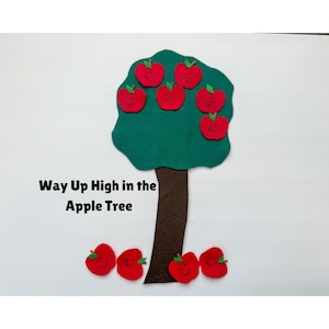 May include: A felt apple tree with a brown trunk, green leaves, and red apples with smiling faces. The text "Way Up High in the Apple Tree" is below the tree. The apples are scattered on the ground.