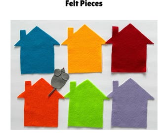 May include: Felt play set with six colorful houses and a gray mouse. The houses are blue, orange, red, green, purple, and yellow.