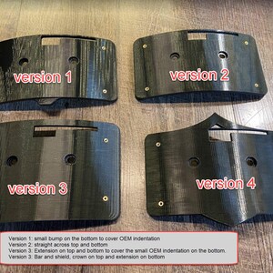 Peut inclure: Quatre composants en plastique noir, chacun avec un design unique, sont pr&eacute;sent&eacute;s. Les textes "version 1", "version 2", "version 3" et "version 4" sont visibles. Chaque composant comporte des trous de vis et une ouverture centrale. Une bo&icirc;te de texte d&eacute;crit les caract&eacute;ristiques de chaque version.