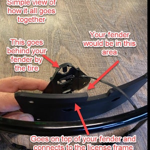 Peut inclure: Un composant noir de garde-boue de moto avec le texte "Simple view of how it all goes together." Le composant a une forme incurv&eacute;e et comprend le texte "This goes behind your fender by the tire" et "Goes on top of your fender and connects to the license frame."