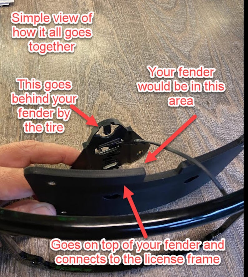 Peut inclure: Un composant noir de garde-boue de moto avec le texte "Simple view of how it all goes together." Le composant a une forme incurv&eacute;e et comprend le texte "This goes behind your fender by the tire" et "Goes on top of your fender and connects to the license frame."