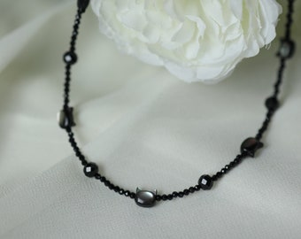 Natural Black Spinel with Black Cat Mother of Pearl Necklace / Silver or Gold / Wedding gift / Holiday gift / Boho & hippie