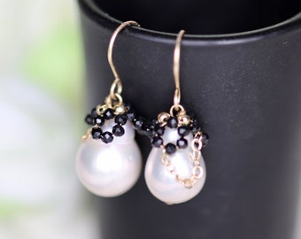 14KGDF Gold Baroque Pearl Drop Earrings with Black Spinel, pearl earrings, Wedding gift / Engagement gift / Holiday gift / June Birthstone