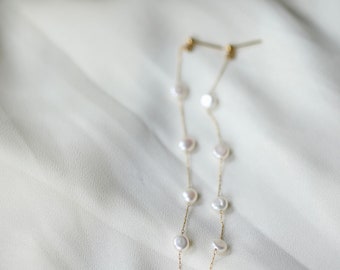 Freshwater pearls dangle elegantly on long linear drop earrings / 18K Gold Plated / Wedding gift / Holiday gift / M