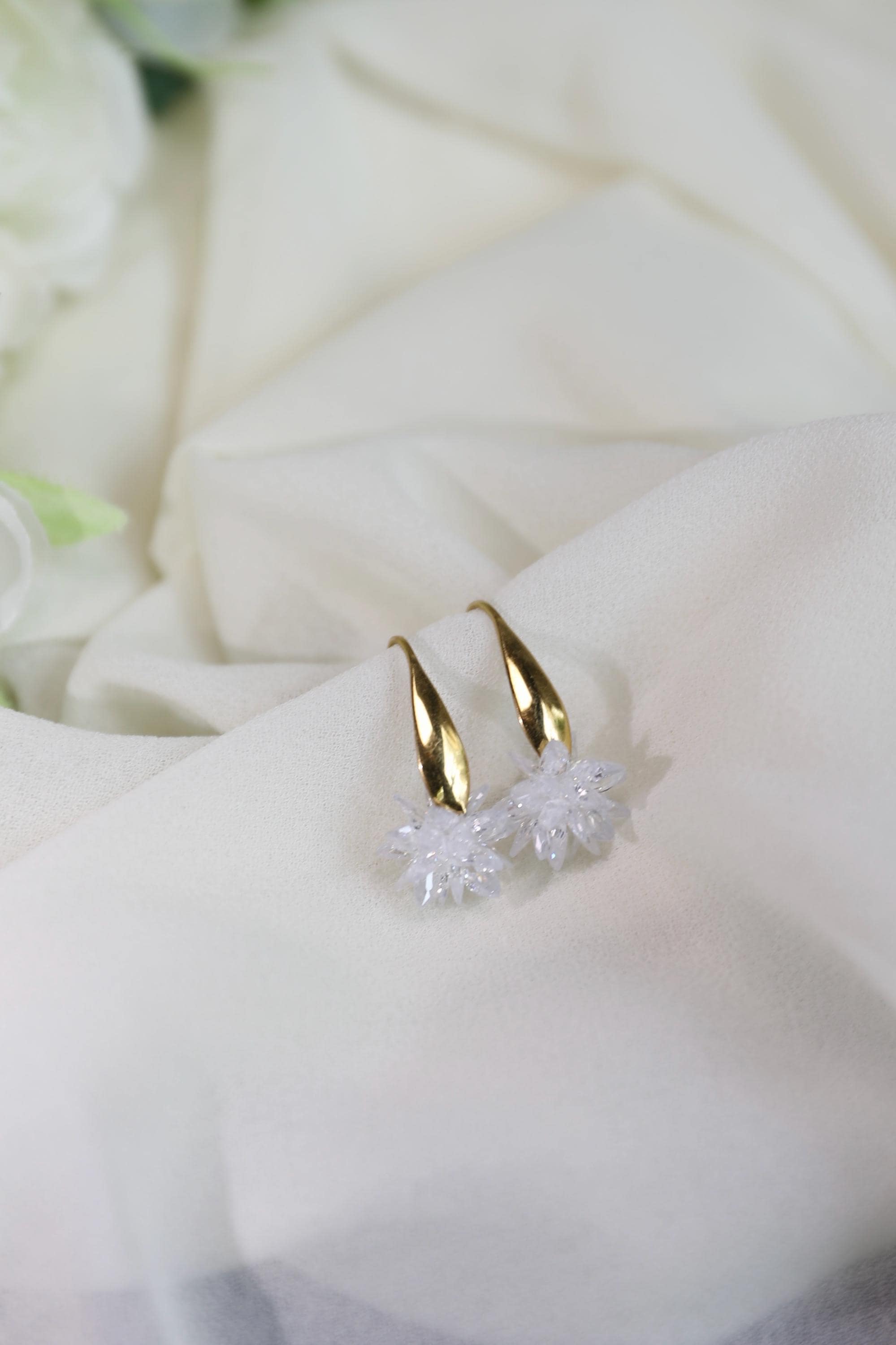 Gold Ice Flower Earrings/ Frozen Snowflakes Crystal Earrings