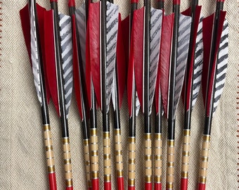 12 Hand Painted Port Orford Cedar Wood Arrows. WEIGHT MATCHED, 45-50 SPINE.