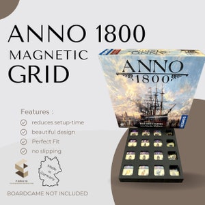 Könnte beinhalten: Ein schwarz-weißes magnetisches Gitter-Organizer für das Brettspiel Anno 1800. Das Gitter besteht aus Schaumstoff und hat 18 Fächer. Das Gitter ist so konzipiert, dass es die Komponenten des Spiels aufnehmen kann, wie z. B. die Spielertableaus, die Ressourcenmarker und die Gebäudeplättchen. Das Gitter wird in Deutschland hergestellt. Das Brettspiel ist nicht im Lieferumfang enthalten.