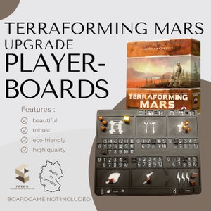 Pode incluir: Tabuleiros de jogador de Terraforming Mars, atualização. Os tabuleiros são feitos de plástico preto com uma superfície texturizada cinza. Os tabuleiros apresentam uma variedade de ícones e números. Os tabuleiros são feitos na Alemanha.