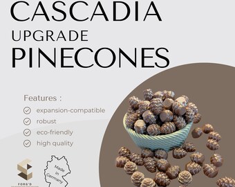 Puede incluir: Cascadia Upgrade Pinecones. Piezas de juego de piñas marrones, algunas en una cesta tejida. El texto incluye "expansion-compatible", "robust", "eco-friendly" y "high quality". El texto también dice "Made in Germany".