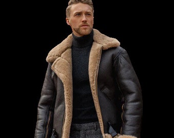 B3 RAF Bomber Black Aviator Flying Fur Shearling Real Leather Jacket Coat for Men