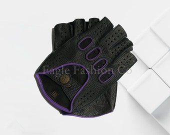 Men's Fingerless Leather Gloves - BLACK(violet) - deerskin leather