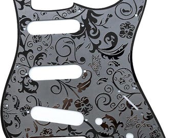 Fender Strat 11 Hole Stainless Steel Engraved Pickguard S/S/S, Back & Neck Plate - Black, Chrome, Gold