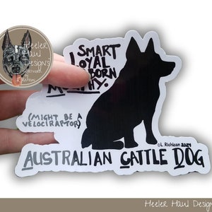 May include: A white sticker with a black silhouette of an Australian Cattle Dog sitting. The sticker has the text "SMART LOYAL BORN MHY (MIGHT BE A VELOCIRAPTOR) AUSTRALIAN CATTLE DOG" and the copyright information "OL. Richison 2024".