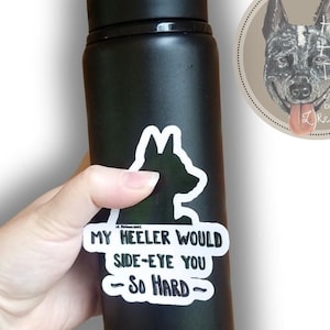 May include: A black water bottle with a white sticker that reads "MY HEELER WOULD SIDE-EYE YOU - SO HARD-". A circular sticker with a dog illustration and the text "Heeler Haul Designs" is also visible.