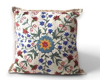 Handmade Uzbek suzani pillow case on cotton, Floral embroidery decorative throw pillow