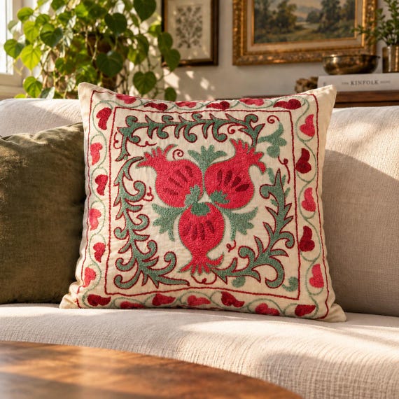 Suzani Pillow Cover – Hand Embroidered Pomegranate Design 17"x17" (45cm × 45 cm)