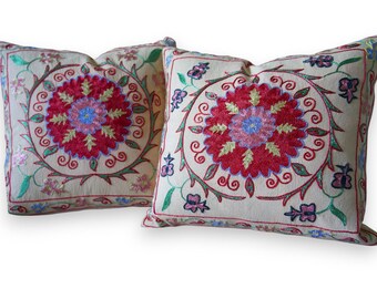 Set of Two Hand-Embroidered Suzani Pillow Covers | Uzbek Floral Cushions