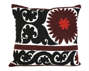 Vintage Uzbek Suzani Pillow Cover – 17" square Hand Embroidered Wool Accent