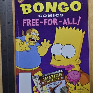 May include: A comic book cover for Free Comic Book Day 2008, featuring Bart Simpson with an ice cream cone and another character. The comic is titled "Bongo Comics" and includes the text "Free-For-All!" and "Amazing Fantasy" with a Spider-Man illustration.