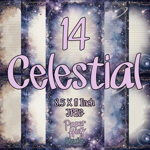 14 páginas imprimibles de diario y escritura celestial con estrellas, lunas y temas galácticos. Hojas de papel para cartas de diario. Descarga instantánea.