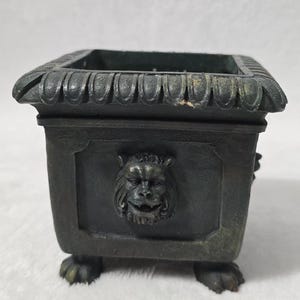May include: A dark bronze-colored square planter with ornate detailing. The planter features a lion's head on each side and rests on claw feet. The top edge has a decorative, repeating pattern. A classic, decorative container for plants.