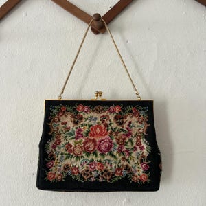 Vintage Black Floral Petit Point Needlepoint Purse Gold Hardware