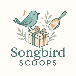 May include: A logo featuring a teal bird singing with a musical note, a gift box with a peach bow, and a scoop with a heart. The text "Songbird SCOOPS" is below the illustrations. The design has a soft, pastel color palette.
