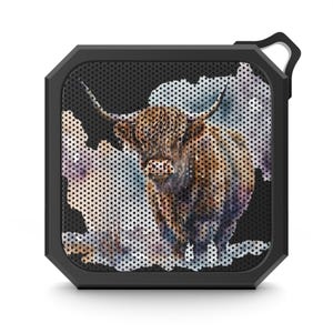 May include: Black, square portable speaker featuring a watercolor painting of a Highland cow. The artwork showcases the cow's brown and tan fur, long horns, and a colorful, abstract background. The speaker has a black frame and a small loop for hanging.