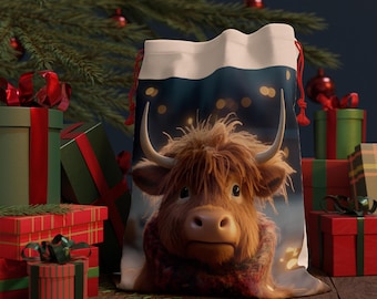 Bolsa de regalo navideña reutilizable de lona con diseño de vaca de las Tierras Altas
