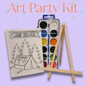 May include: An "Art Party Kit" on a lavender background. The kit includes a watercolor paint set, a small wooden easel, a paintbrush, and a canvas with a black outline of a tent and trees with the text "Camp Walden".