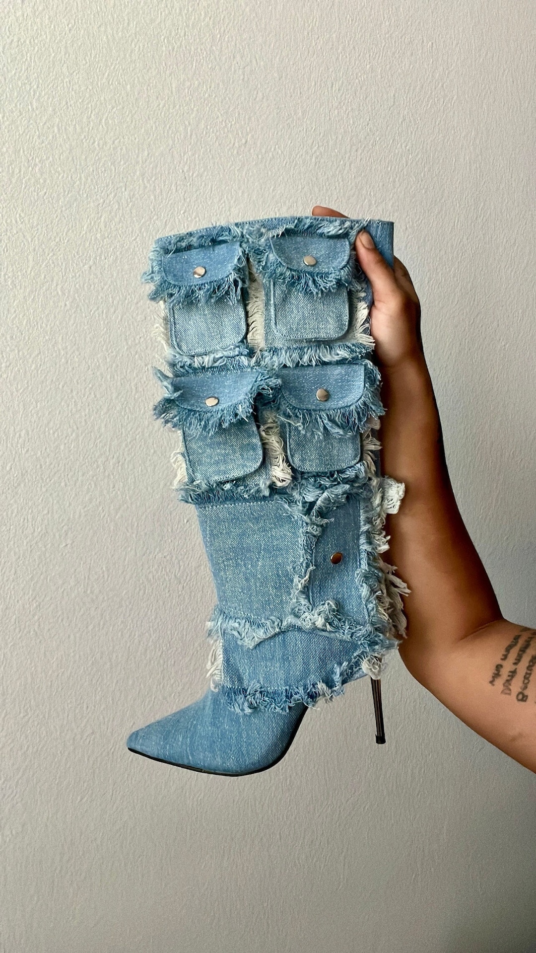 Denim Distressed Boots - Etsy