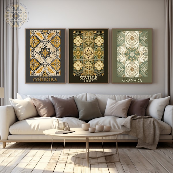 spanish print set of 3 wall art andalusian tiles print spain poster seville print cultural wall art vintage tile moorish tile ceramic tile