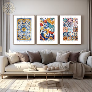May include: Three framed prints featuring colourful tile designs. The prints are titled "Brezza Taormina", "Piastrella Palermo", and "Modella Sicilia".