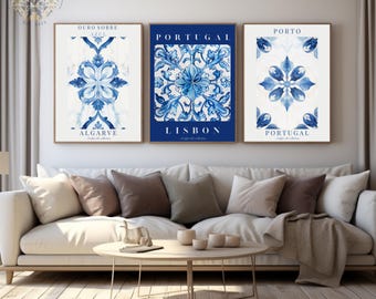Portugal impressão de azulejos azulejos de lisboa conjunto de 3 impressão de cerâmica porto cartaz estético decoração de parede impressões correspondentes azulejos portugueses