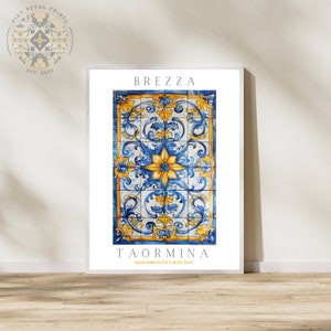 blue and yellow print taormina print sicilian ceramics italian poster italian tile vintage tiles digital download Majolica tile sicily print