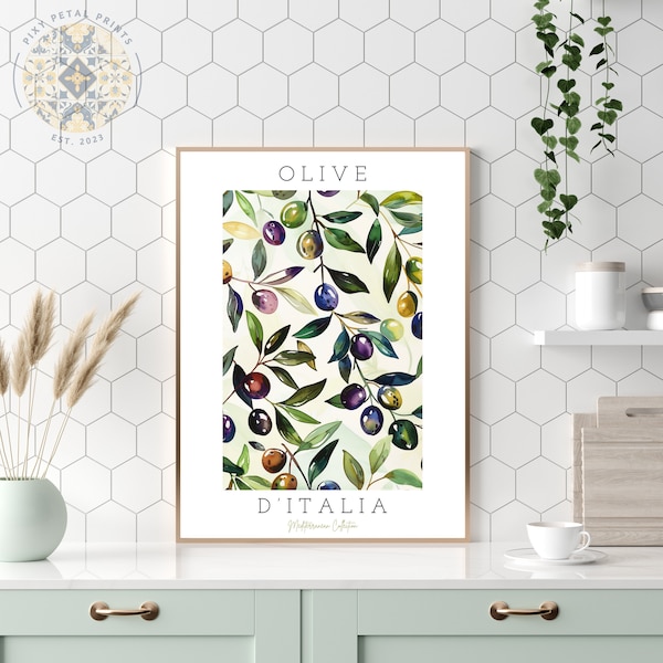 Olive print downloadable print Italy print olives poster botanical poster farmhouse kitchen print bar cart art print olives wall art retro