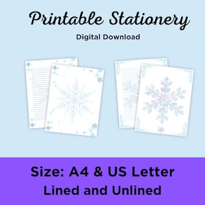 May include: Printable stationery featuring a snowflake design in blue and white. The paper is available in both lined and unlined options, and in A4 and US Letter sizes. The text on the image reads "Printable Stationery, Digital Download, Size: A4 & US Letter, Lined and Unlined".