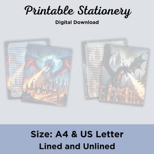 May include: Printable stationery digital download featuring fantasy art of a dragon breathing fire onto a castle. The stationery is available in A4 and US Letter sizes, lined and unlined.