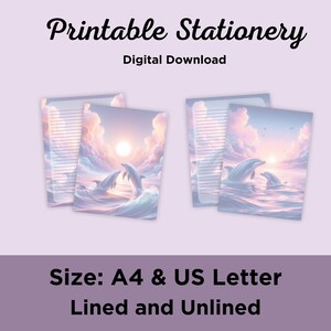 Papelería imprimible con temática de delfines - Papel para escribir cartas con temática oceánica - Juego de papelería digital