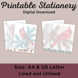 Carta da lettere Winter Cardinal – Carta da lettere con uccellini – Set stampabile a righe e senza righe – Download digitale
