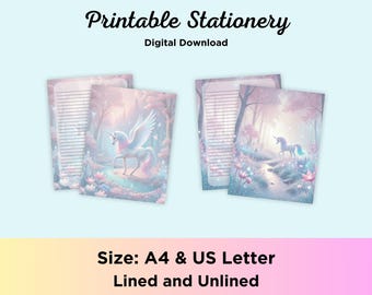 Unicorn Fantasy Stationery - Pastel Dreamscape Writing Paper - Printable Lined & Unlined Set