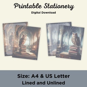 Puede incluir: Descarga digital de papelería imprimible. La imagen muestra un búho sobre libros en una biblioteca. La papelería está disponible en tamaños A4 y US Letter, con y sin líneas. El texto dice 'Papelería imprimible' y 'Descarga digital'.