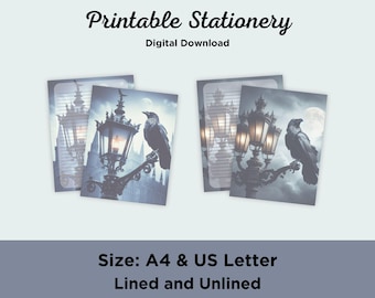 Gothic Raven Stationery – Dark Academia Writing Paper – Printable Lined & Unlined Set
